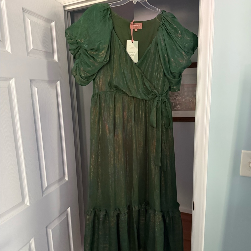 NWT JessaKae Metallic Forest Green Wrap Dress